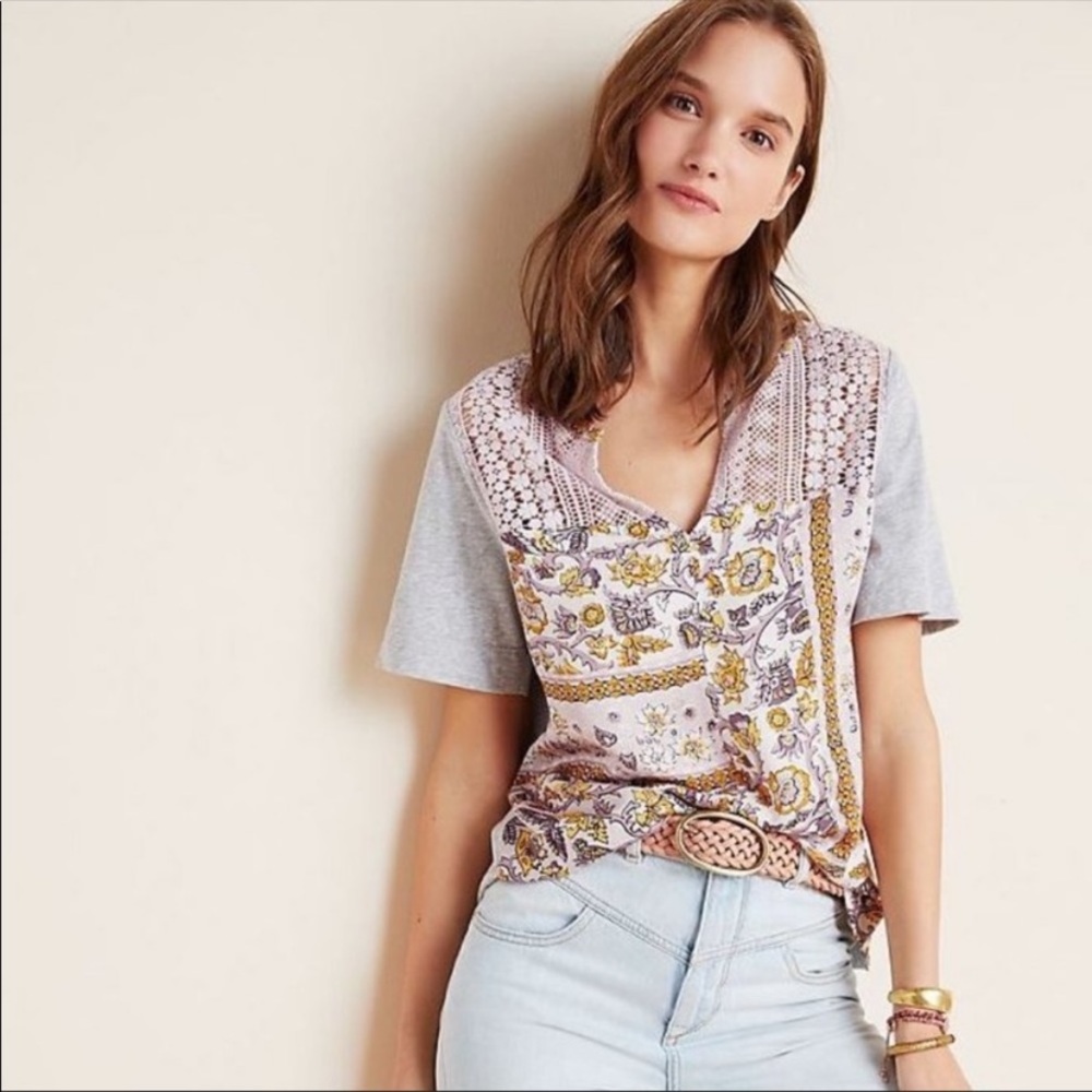 ANTHROPOLOGIE Gray/Purple Mixed Media Floral Top by Tiny, Size M. - Picture 1 of 14